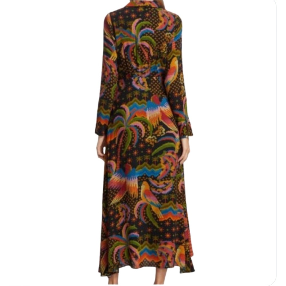 NEW Farm Rio Maxi Dress Macaw Island Print L/S Black Bird Multi Print Boho Small - Picture 2 of 7